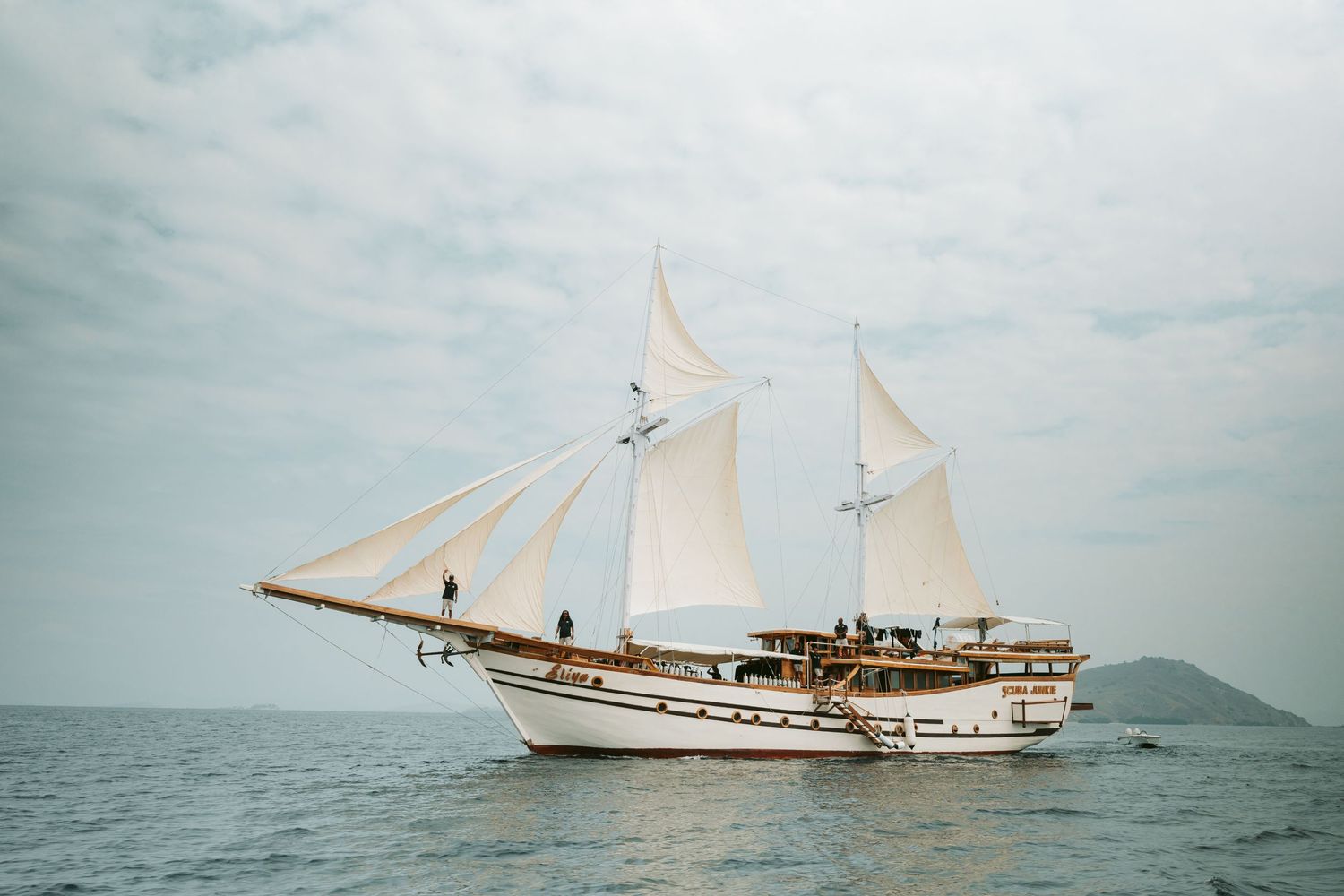 Vintage sailing ships with white sails cruising across calm waters near mountainous coastline.