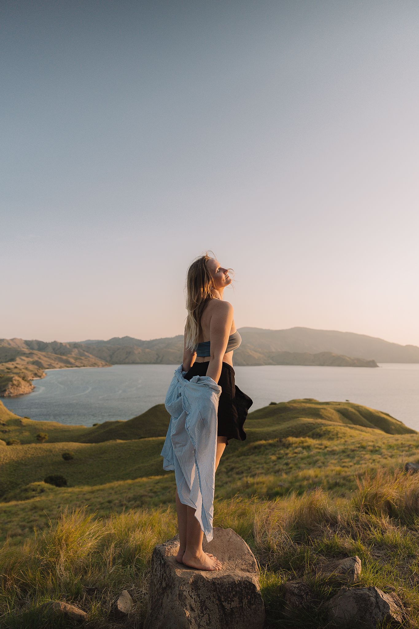 Scenic coastal viewpoint overlooking bay and rolling hills at sunset.