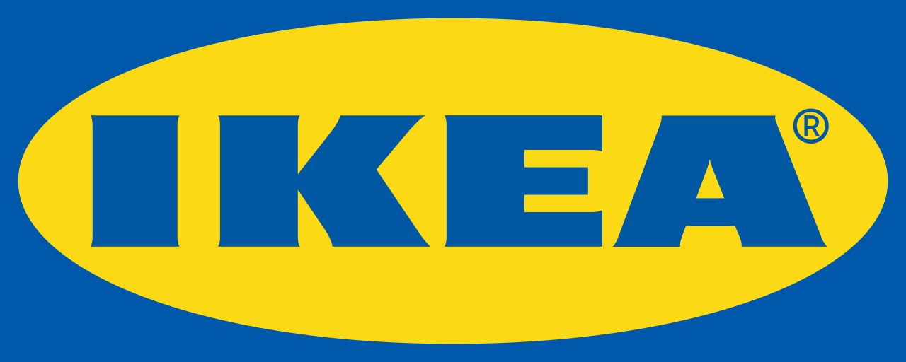 IKEA logo featuring bold blue letters on a yellow oval with a blue rectangular background.
