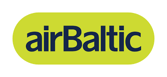 airBaltic airline logo featuring bold dark blue text on a bright yellow-green rounded rectangular background.