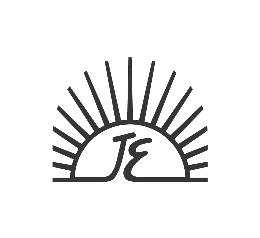 The image shows a simple logo design with the letters 'JE' and a sun-like graphic.