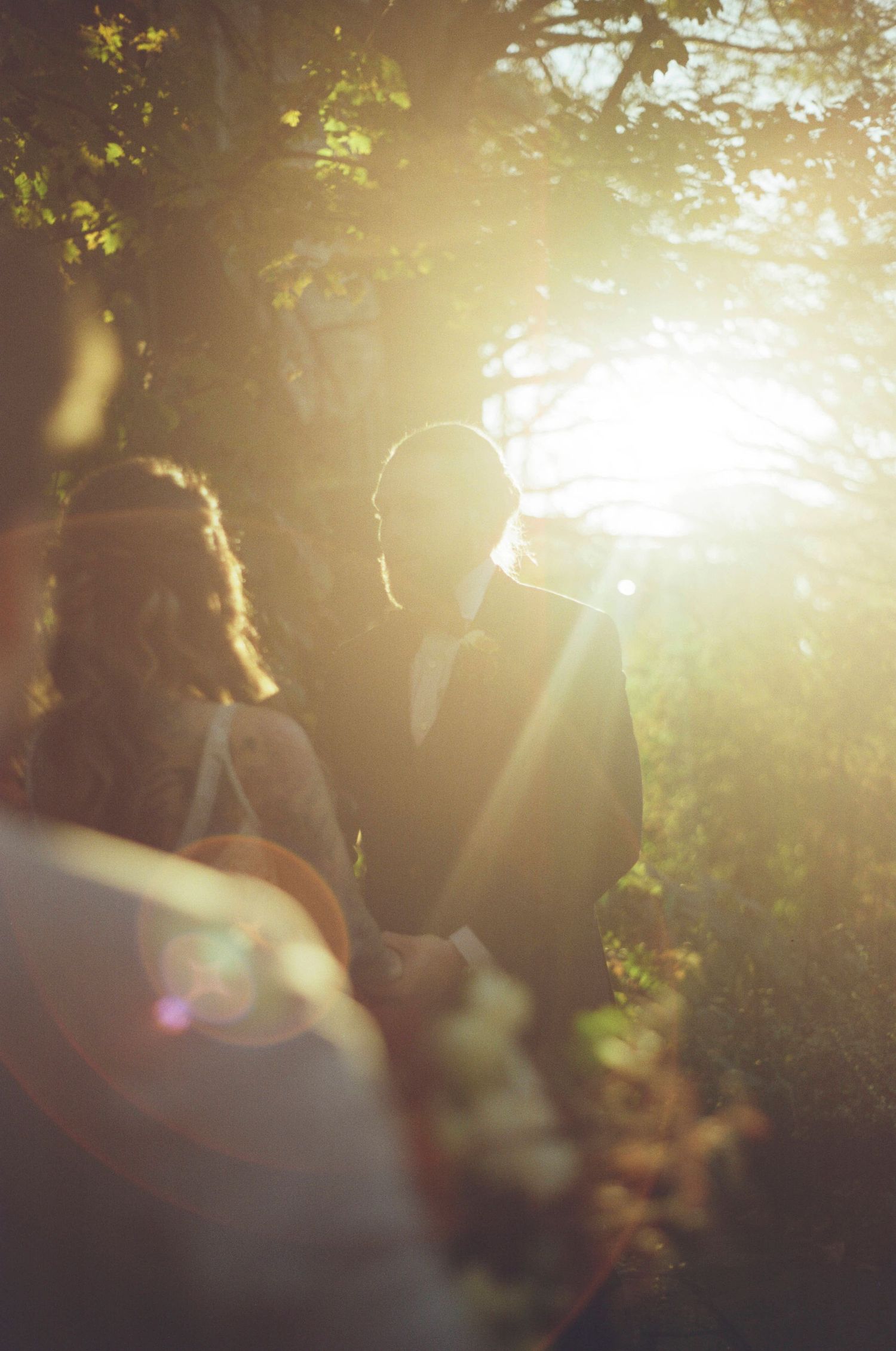 A backlit wedding photo with golden sunlight streaming through trees creating a dreamy atmosphere.