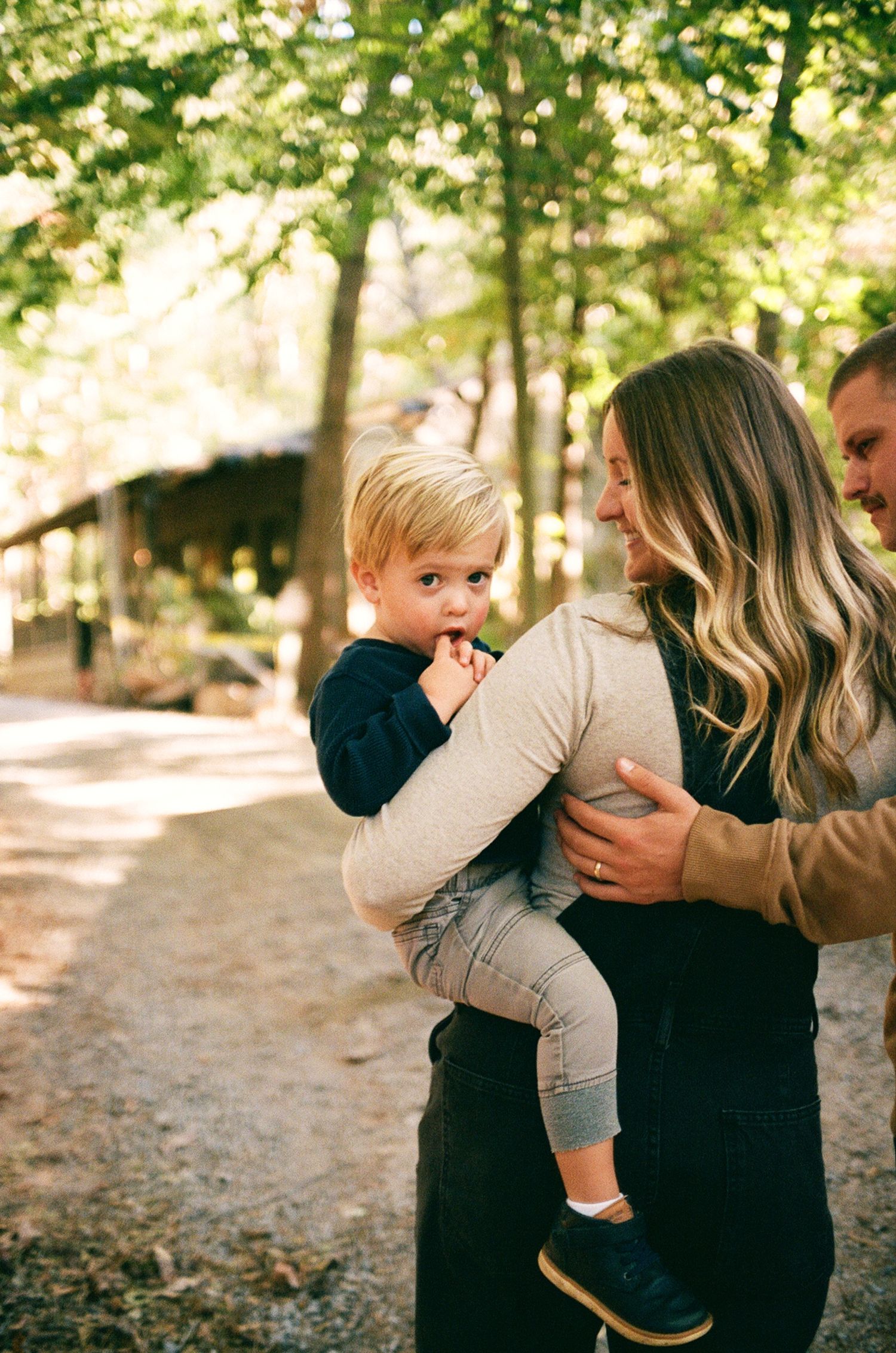 A tender family moment captured in a series of four photos showing embraces and interactions in an outdoor wooded setting.