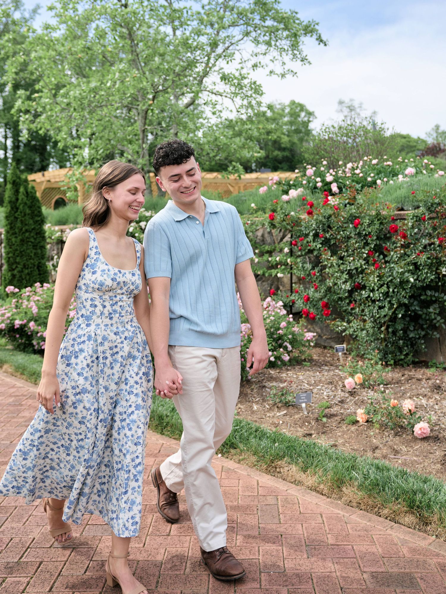 Couple holding hands and smiling while walking through a blooming rose garden on a brick path.