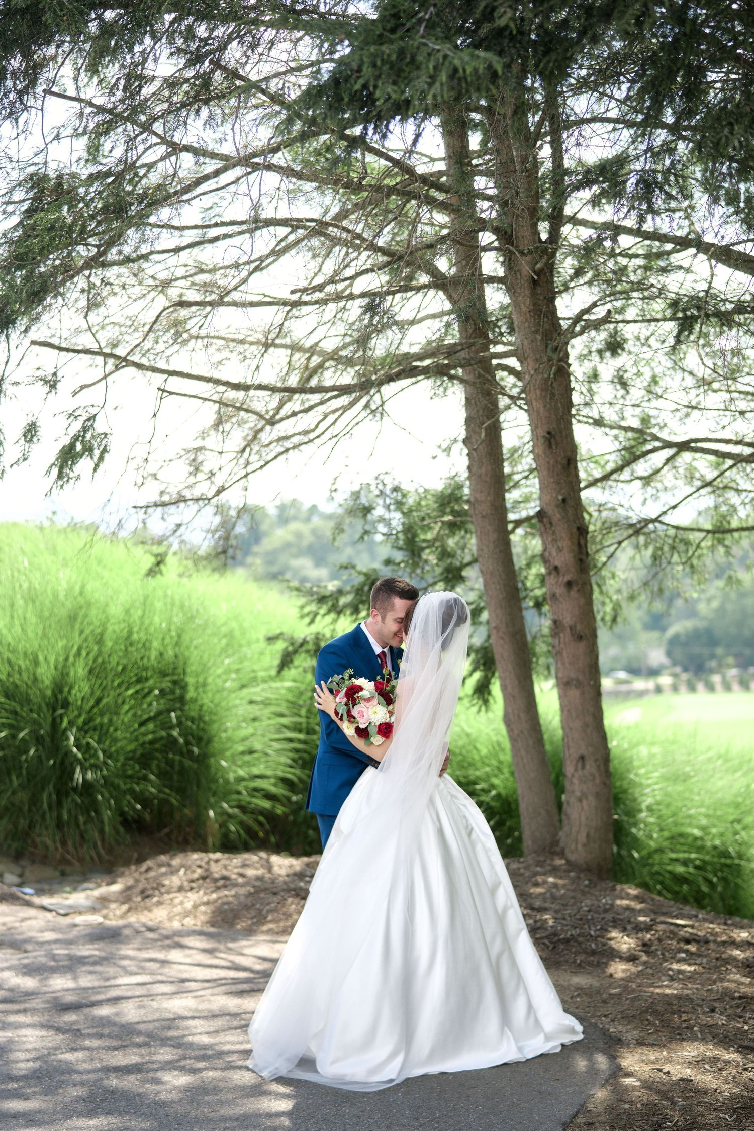 Elegant outdoor wedding portrait under pine trees with sunlit meadow in background.