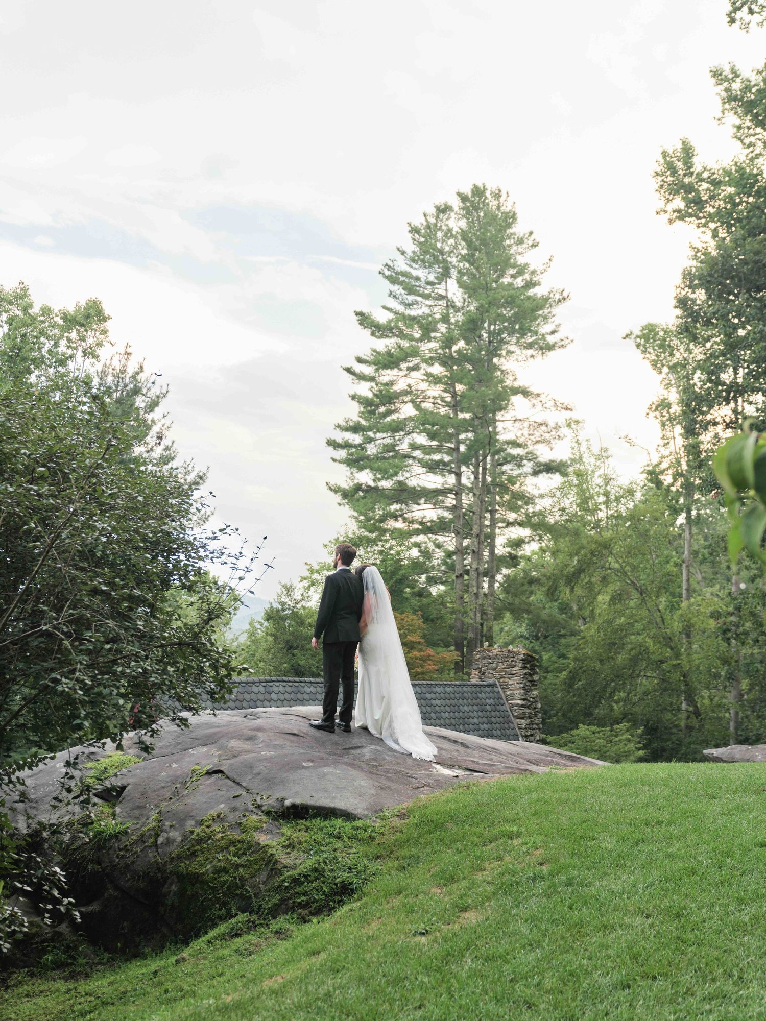 A bride and groom stand on a rocky outcrop surrounded by lush greenery, gazing at a scenic view on their wedding day.