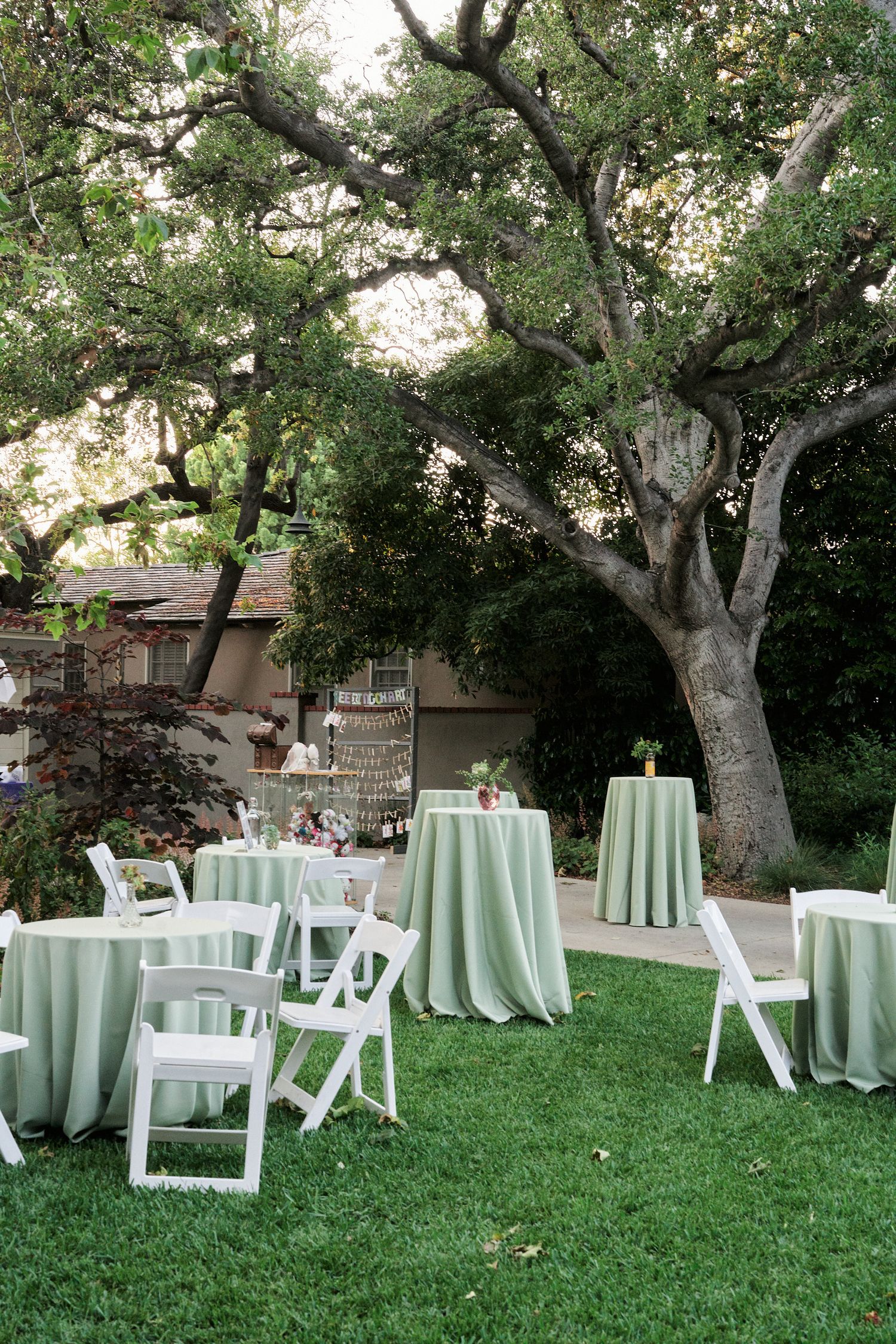 Outdoor reception area with mint green tablecloths and white chairs under a large oak tree.