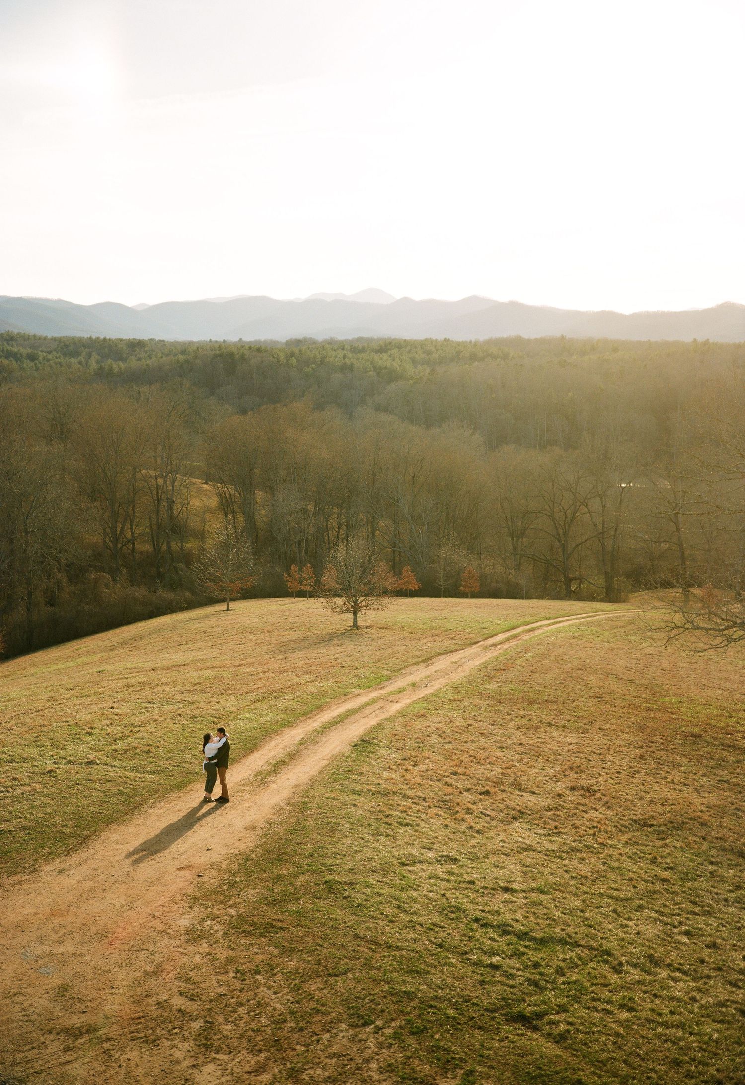 Couple hugging on the Biltmore grounds in the sunset during their engagement photos at the Biltmore Estate