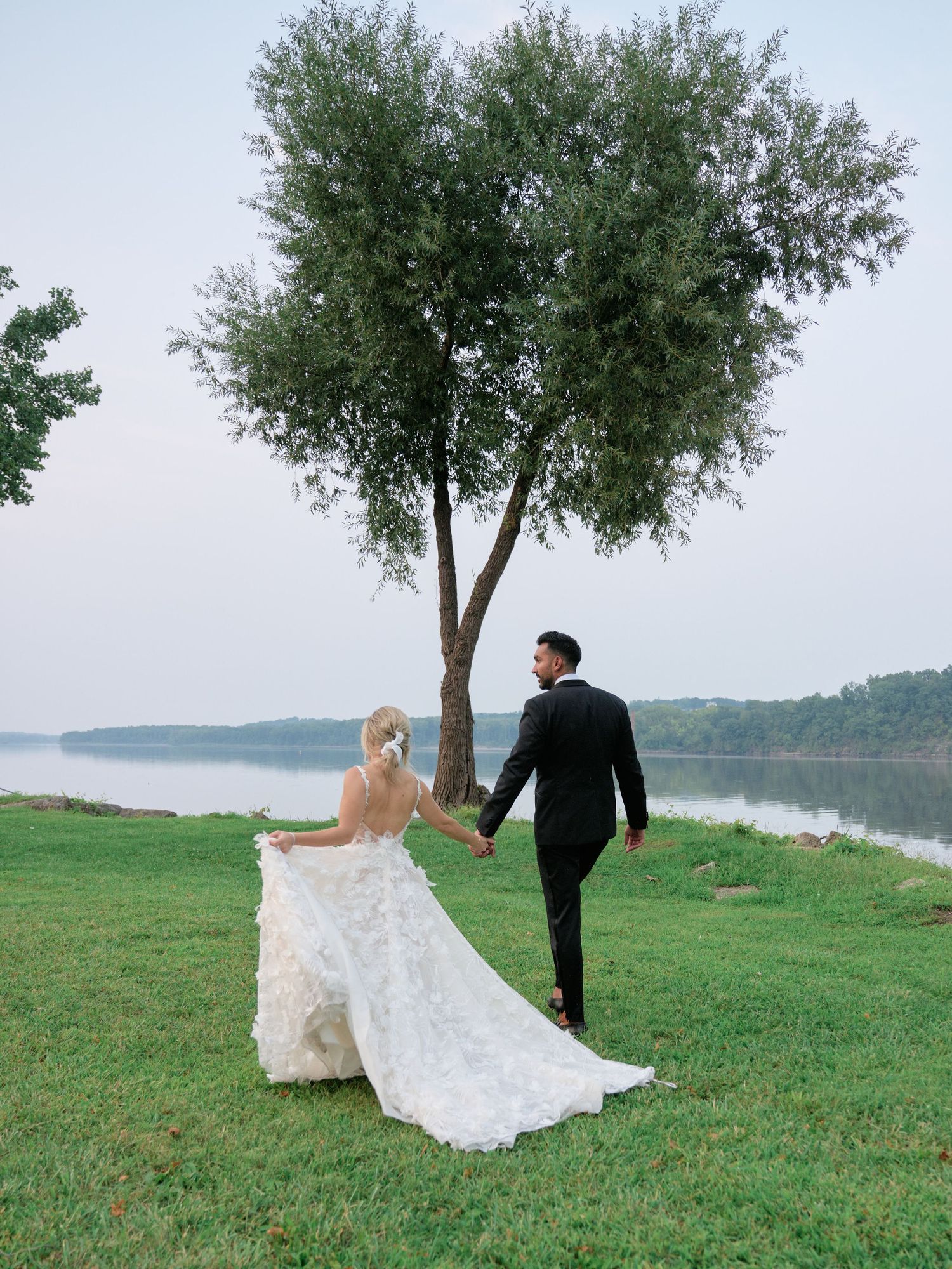 A couple in wedding attire walks hand in hand on a grassy hill overlooking a serene lake with a lone tree behind them.