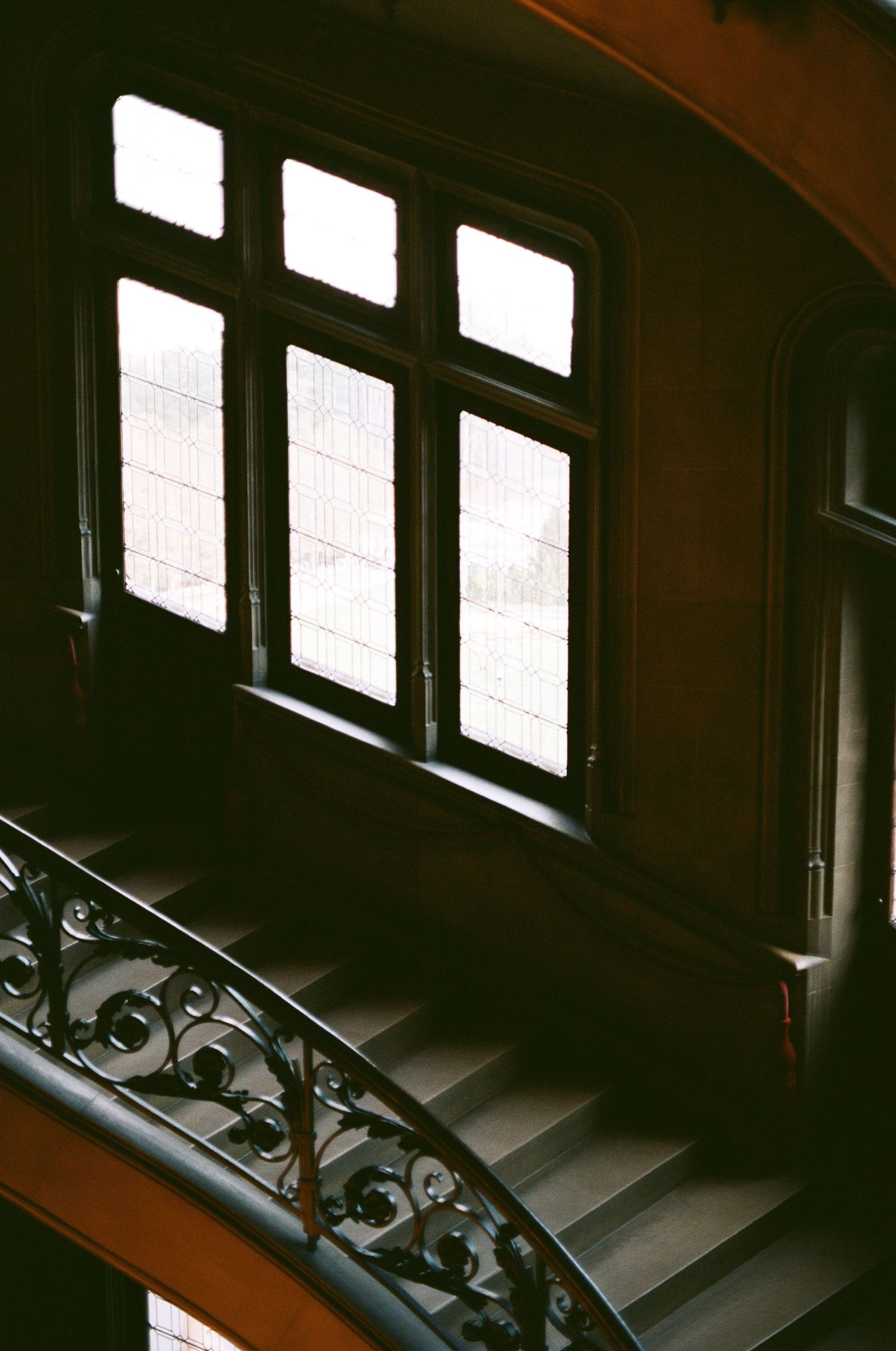 Vintage staircase with ornate iron railing and window light in moody film photography.