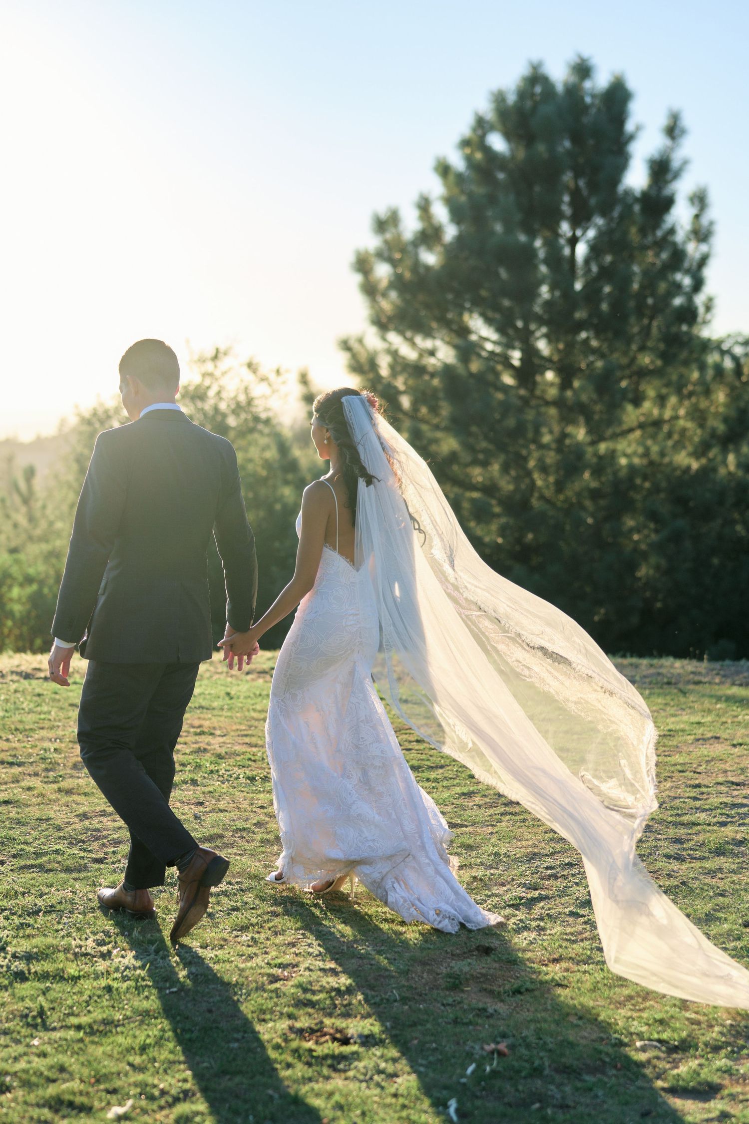 Newlyweds walk hand in hand through a sunlit field as the bride's flowing veil catches the breeze.