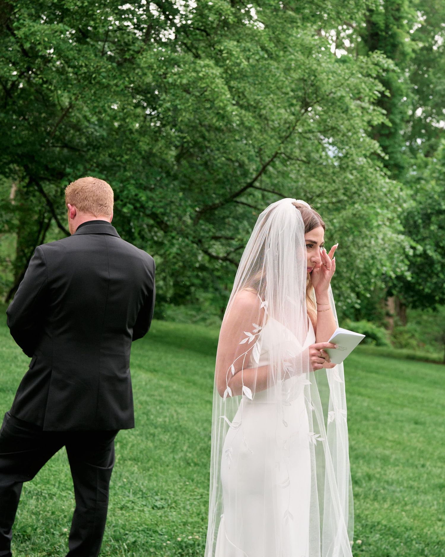A series of wedding photos showing a couple in formal attire walking through a lush green garden setting.