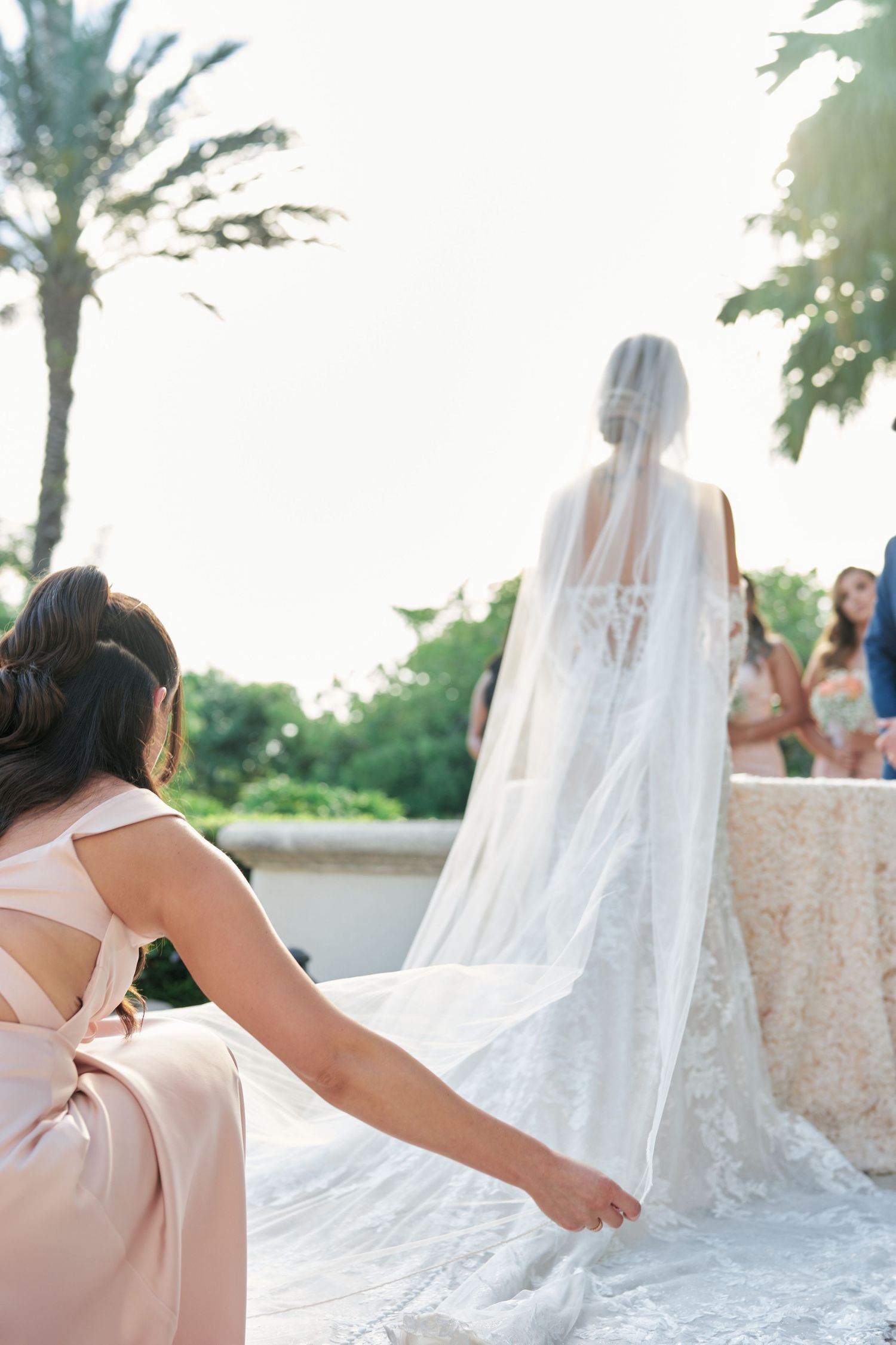 A flowing white wedding dress train being arranged outdoors with palm trees in background.