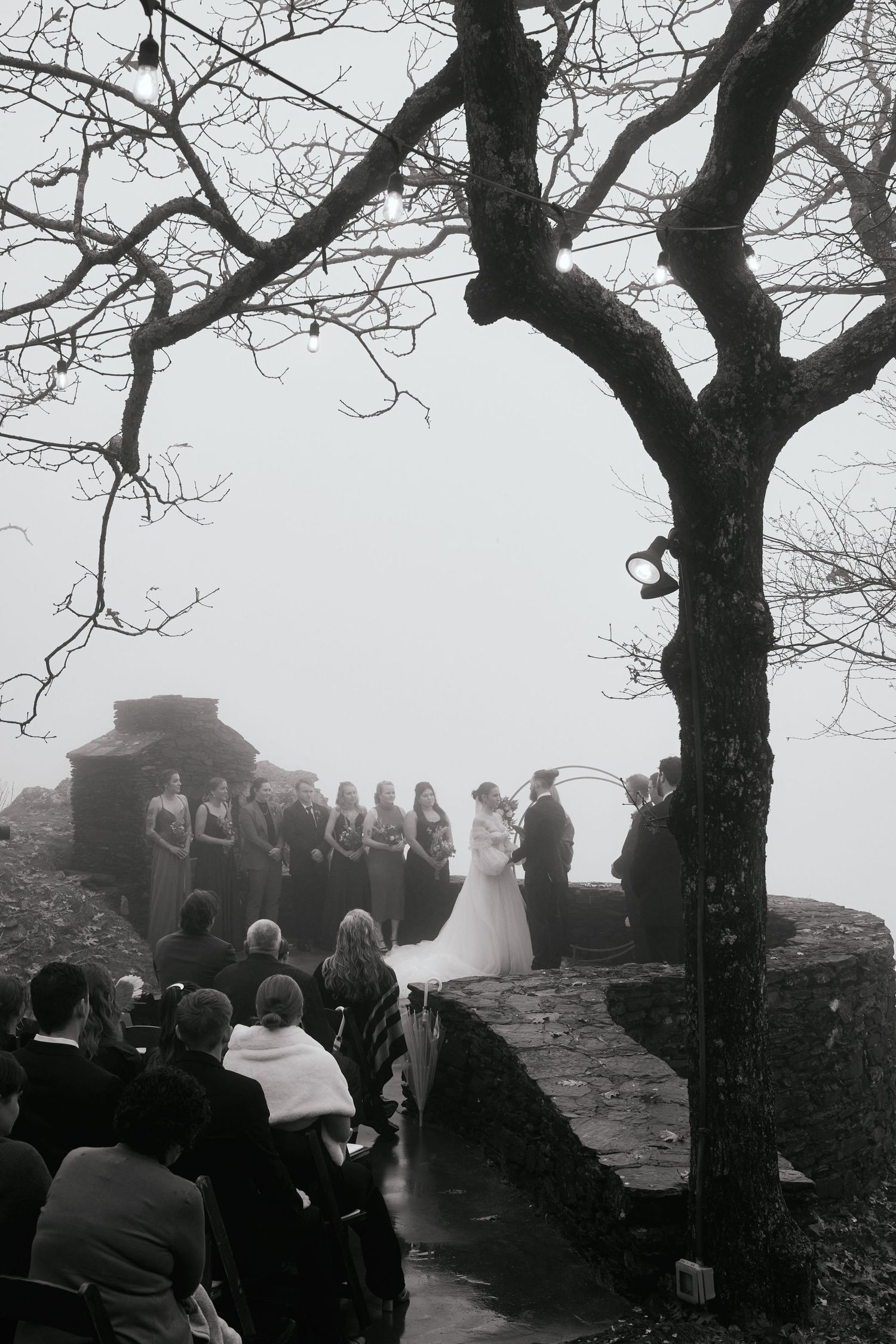 A misty outdoor wedding ceremony under a large tree with guests seated on a stone overlook.