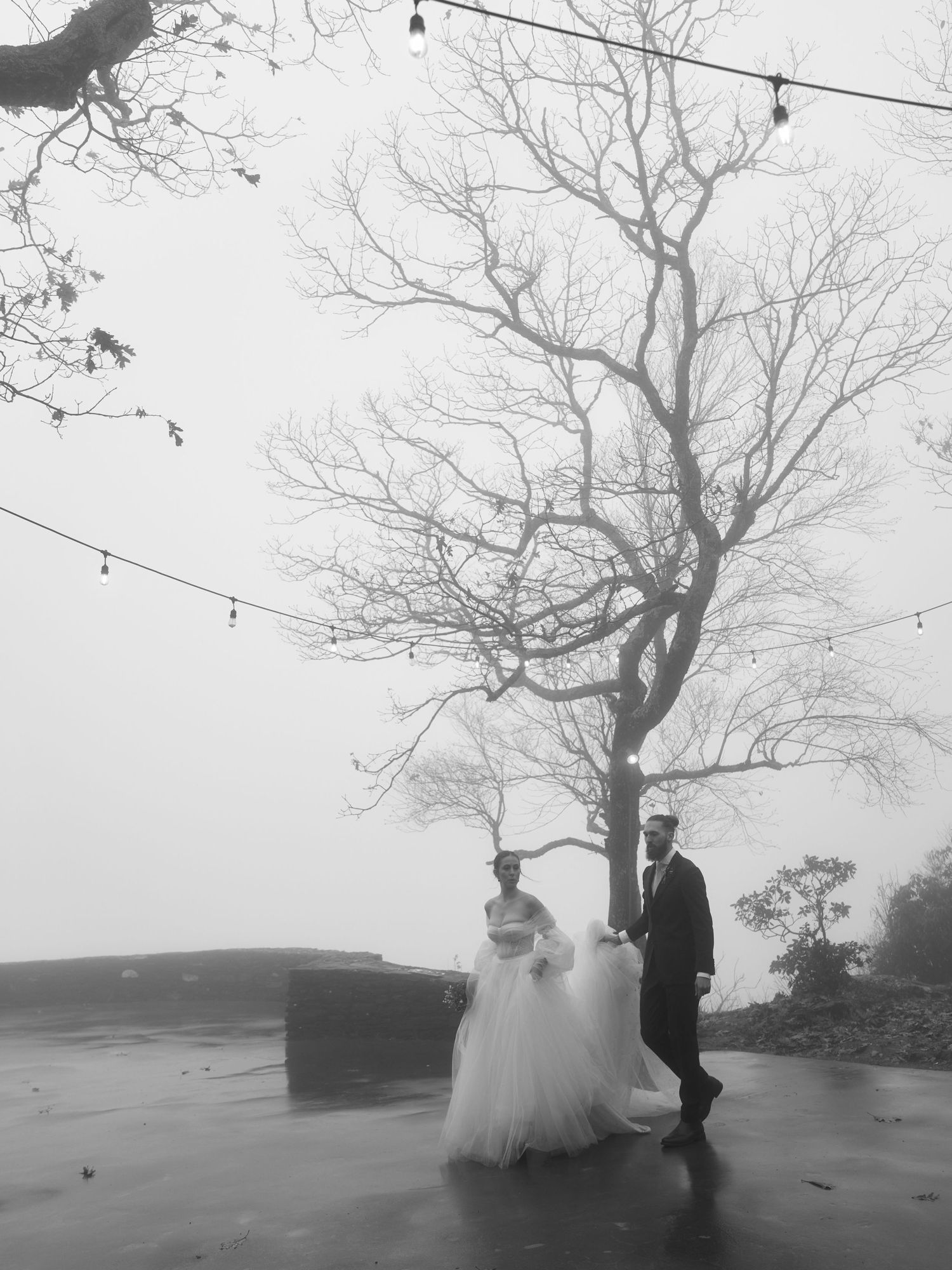 Atmospheric black and white wedding photo with couple under bare trees and string lights.