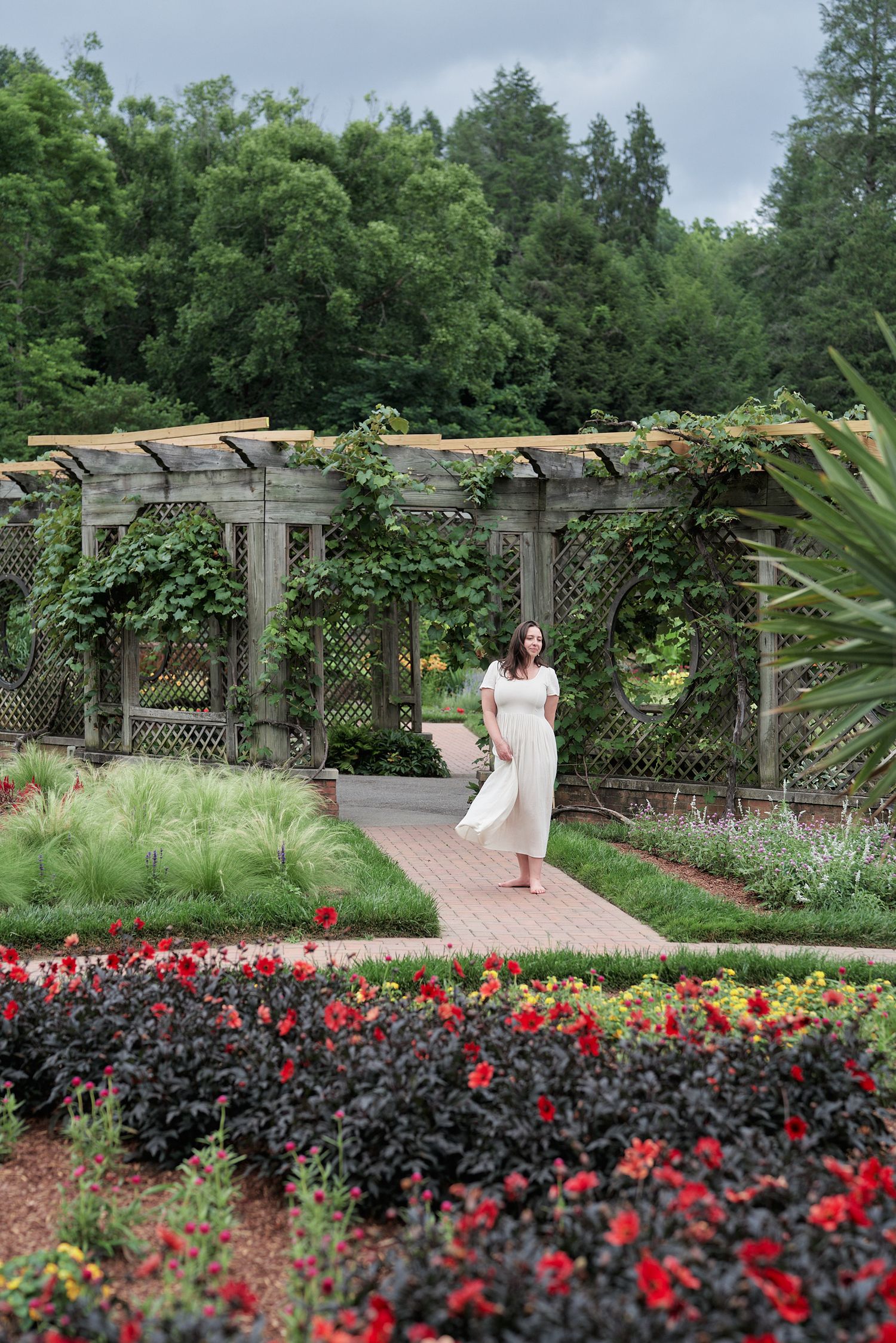 A garden path lined with red flowers and a wooden pergola creates a romantic setting.