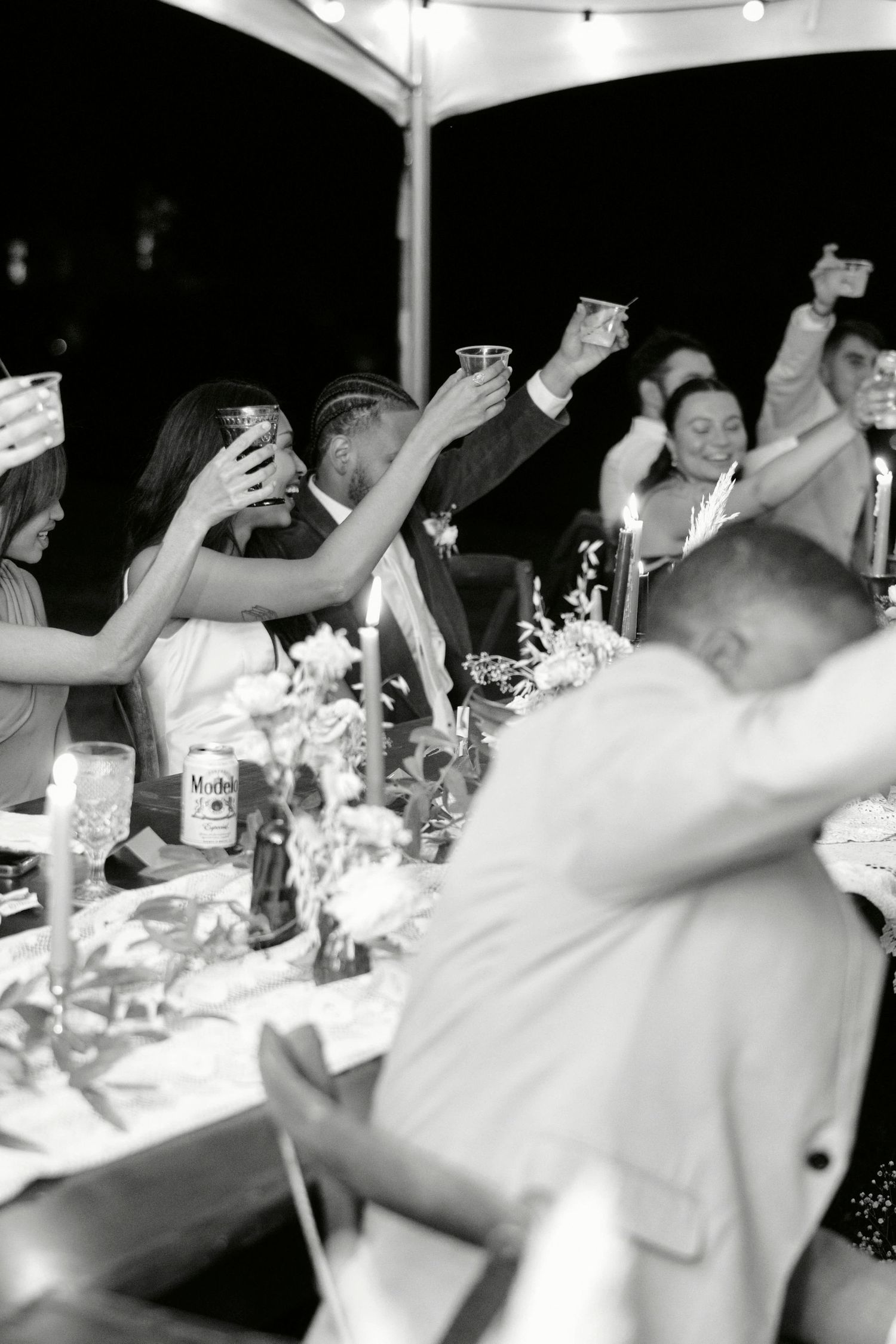 Wedding guests raising glasses in celebration during an outdoor reception.