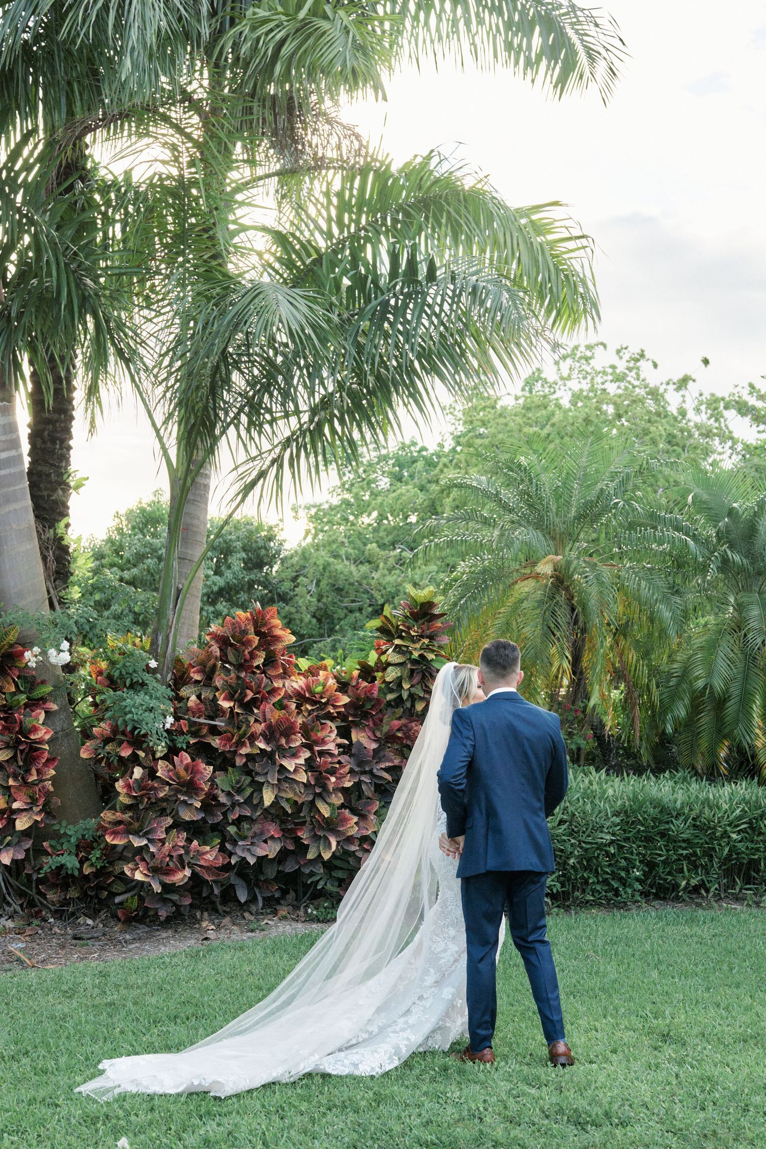 Long flowing wedding veil trails behind couple in lush tropical garden with palm trees.