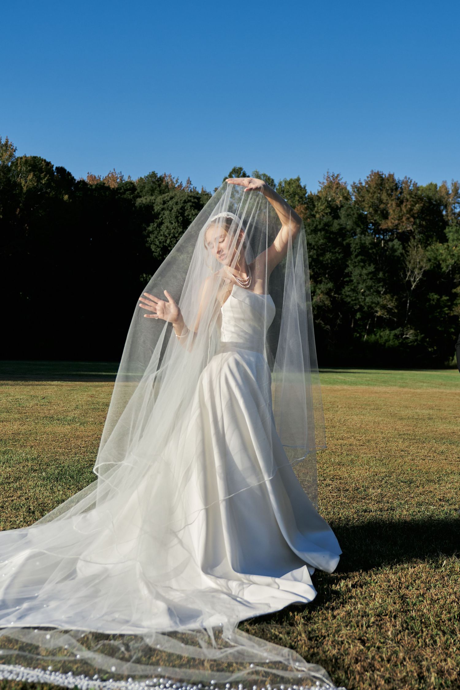 A bride in a flowing white wedding dress and veil sits gracefully on grass in a sunny outdoor setting.