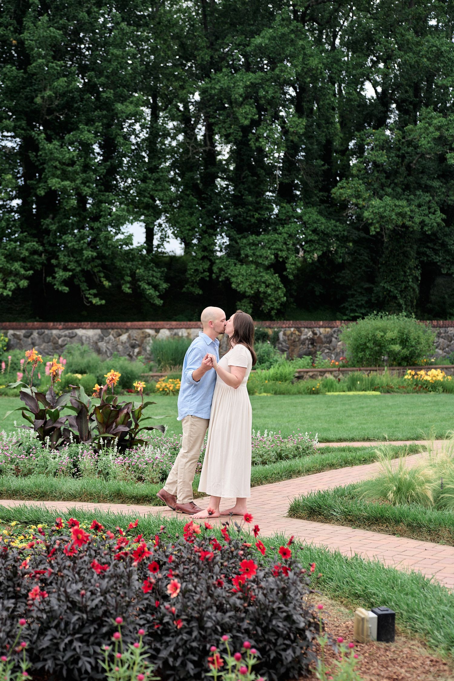 Romantic moment in garden surrounded by red flowers and greenery.