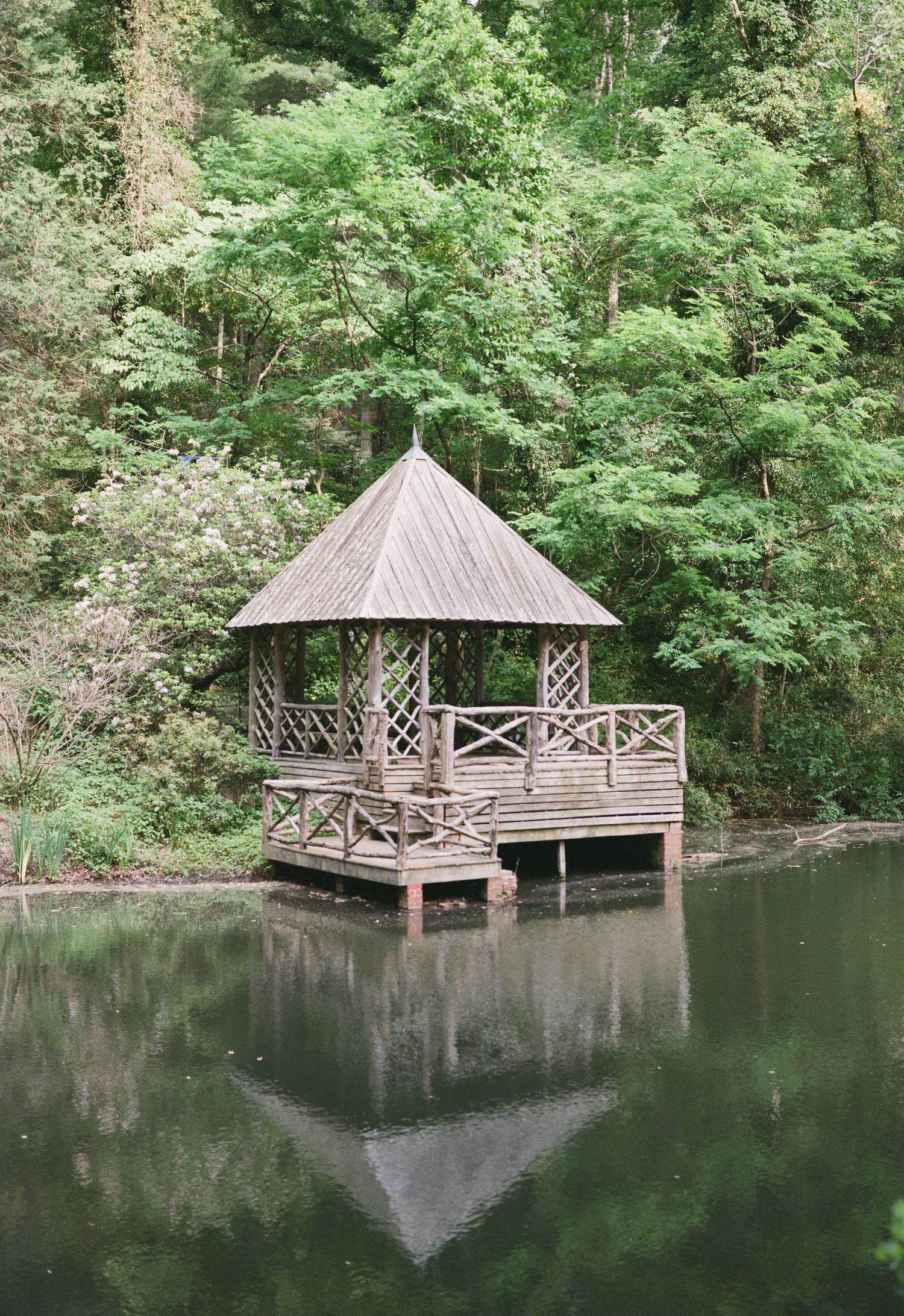 Rustic wooden gazebo with pointed roof overlooking a tranquil pond in wooded setting.