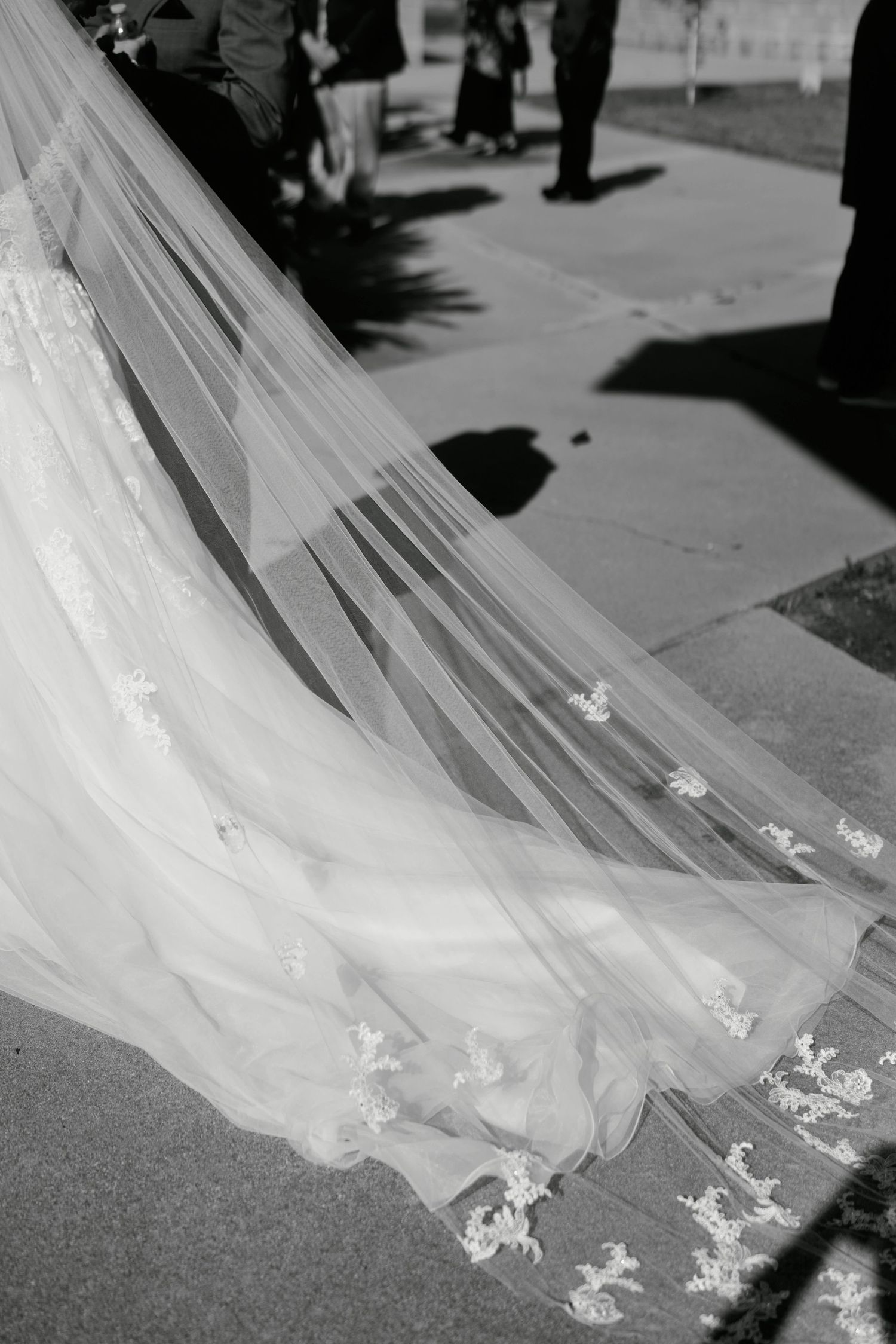 A delicate white wedding veil with lace details trails on the ground in black and white.