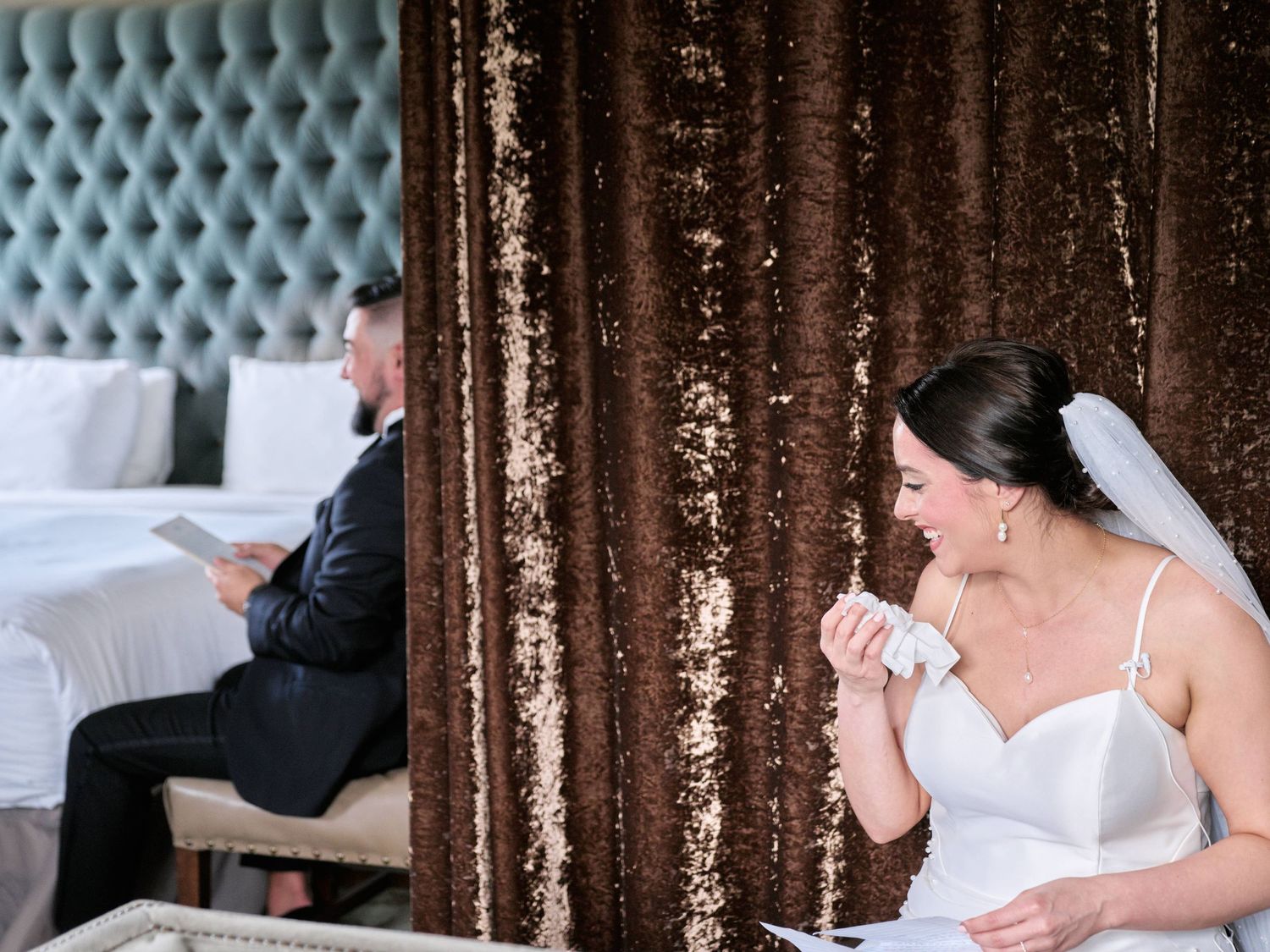Wedding preparation moment captured against a sequined brown backdrop.