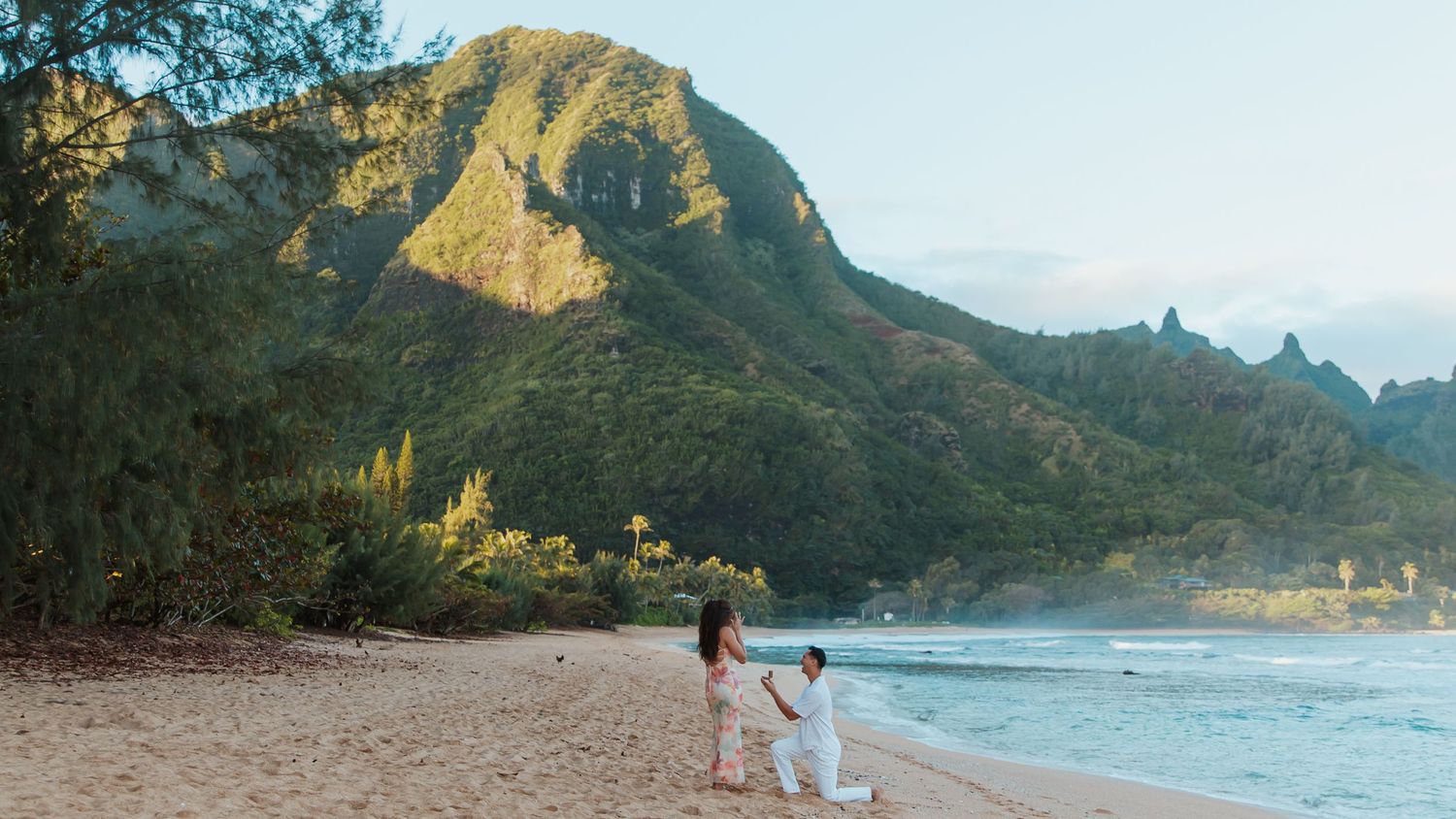 Scenic panoramic view of rugged coastal mountains and pristine beaches along the Napali Coast in Kauai, Hawaii.