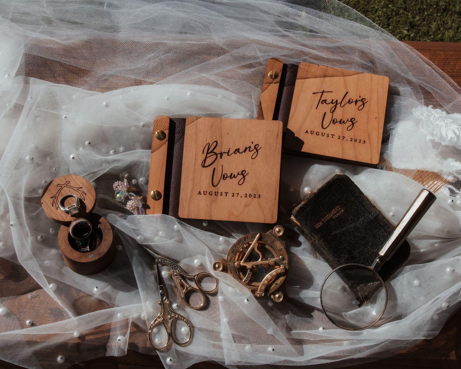 Wedding detail shots of name tags and accessories arranged artistically.