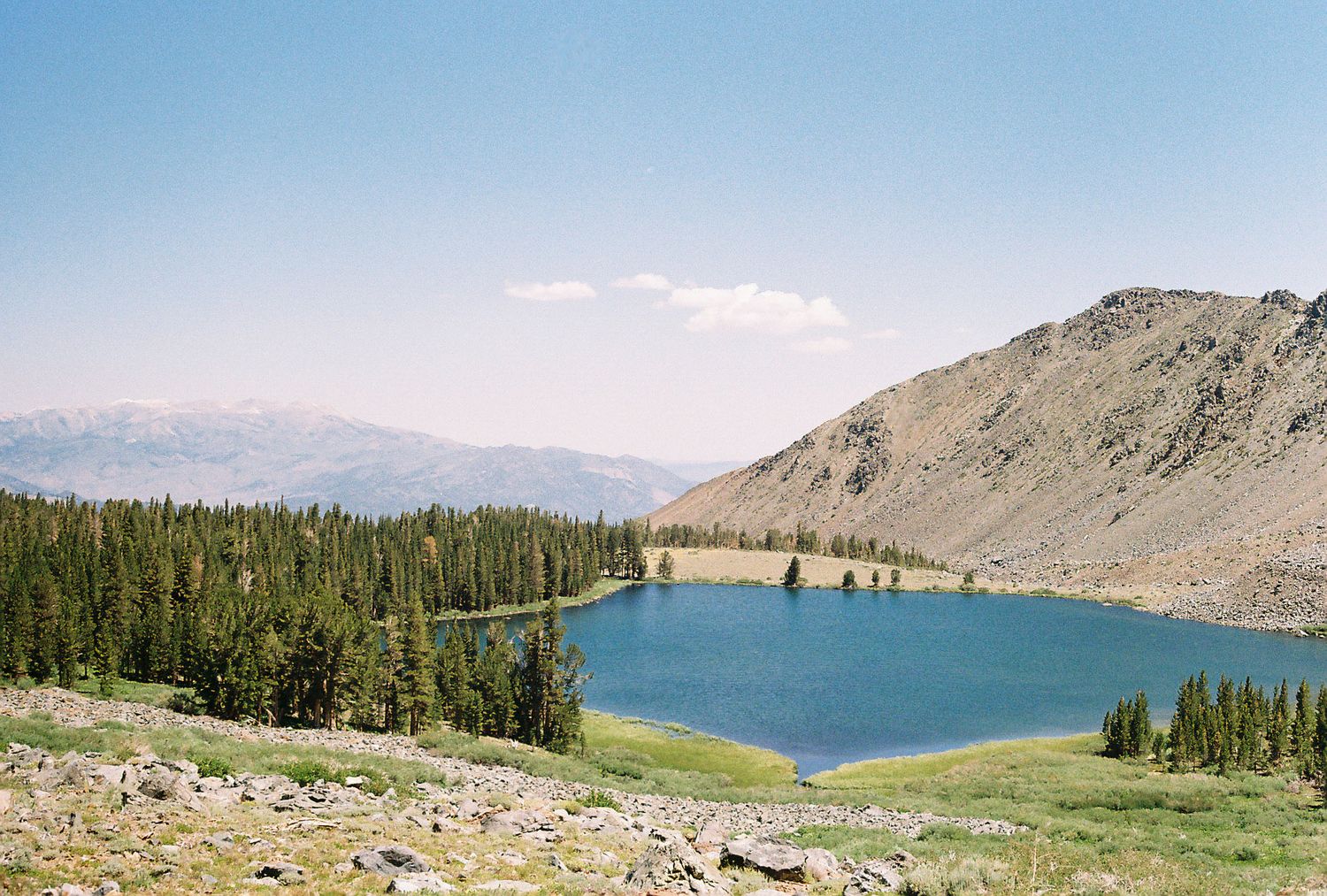 Alpine lake surrounded by evergreen forest and rocky mountain slopes under a clear blue sky with distant peaks on the horizon.