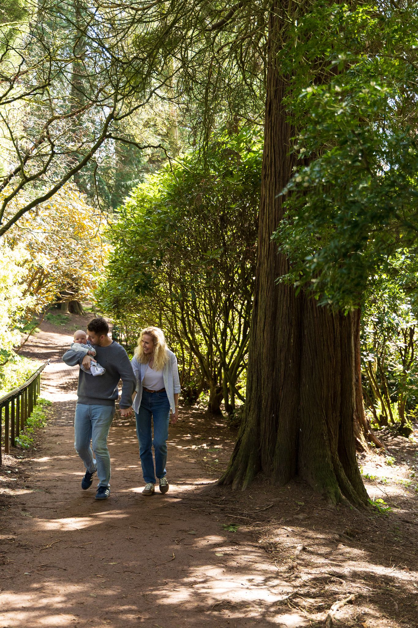 Family walking together along a woodland path lined with tall trees