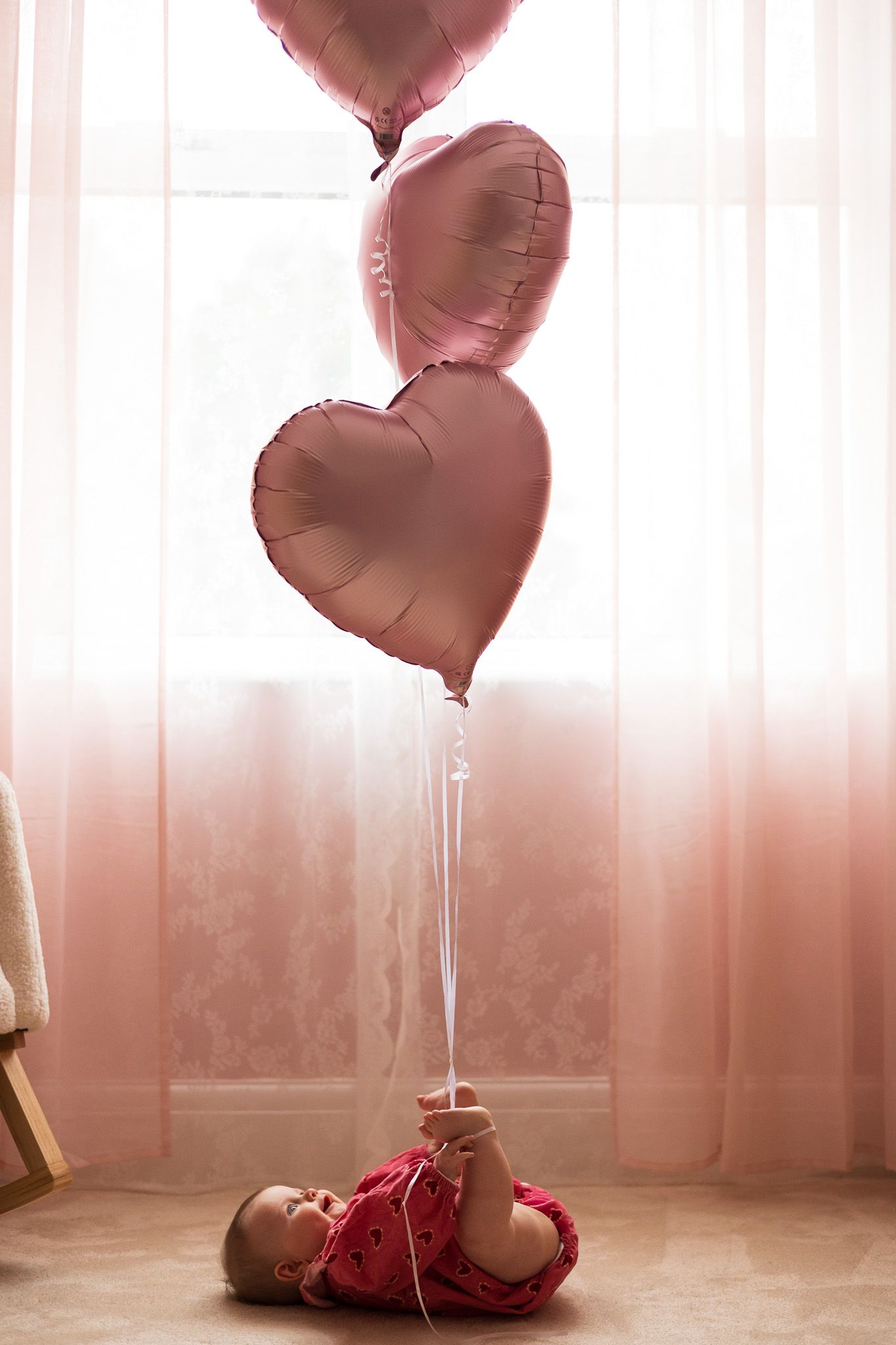 Heart-shaped balloons, 6 month baby photoshoot