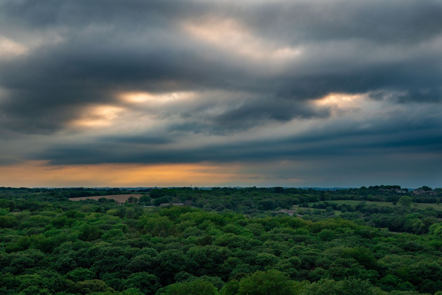 Aerial view of lush green forest under dramatic storm clouds at sunset.