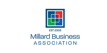 Millard Business Association logo established 2003 featuring colorful square grid design in red, blue, and green.