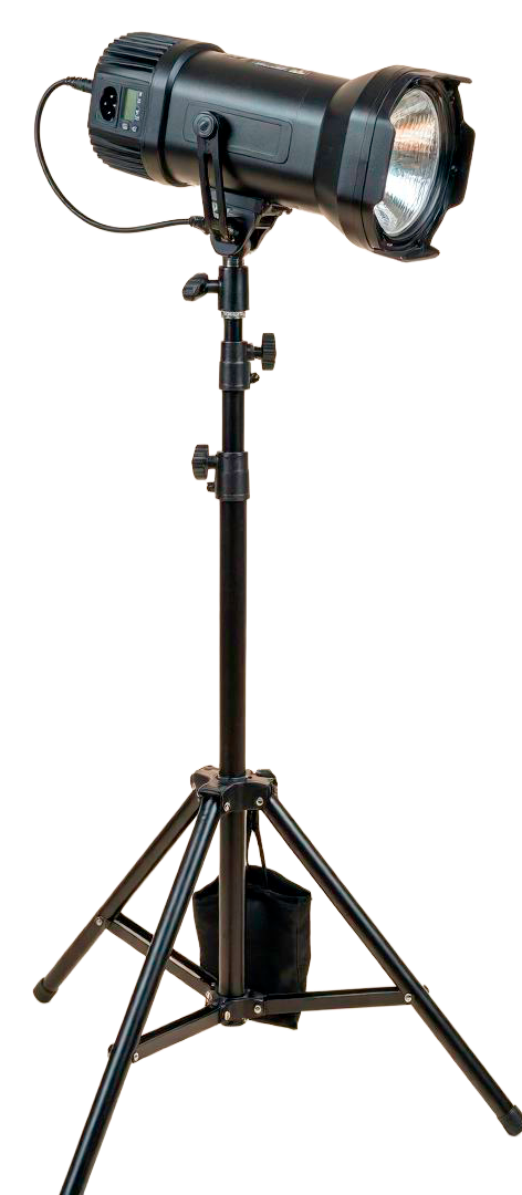Professional black photography studio strobe light mounted on adjustable tripod stand with barn doors and carrying bag.