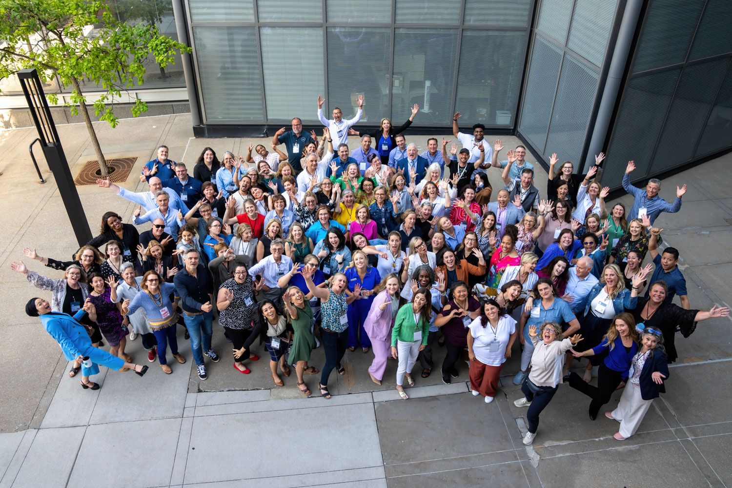 Large group of smiling employees celebrate outdoors, waving and cheering in an aerial view team photo.