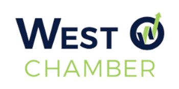 West O Chamber logo featuring bold navy blue text and a green circular checkmark emblem.
