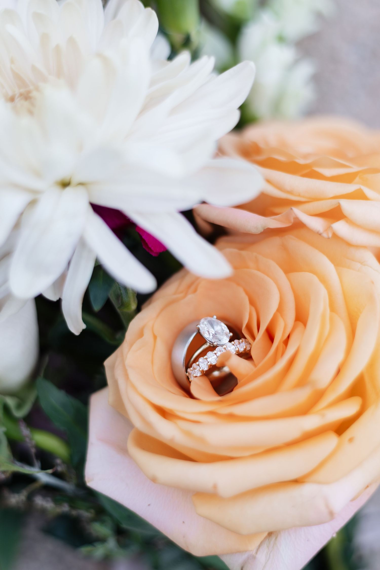 Diamond engagement ring and wedding band nestled in a peach rose bloom surrounded by white chrysanthemums.