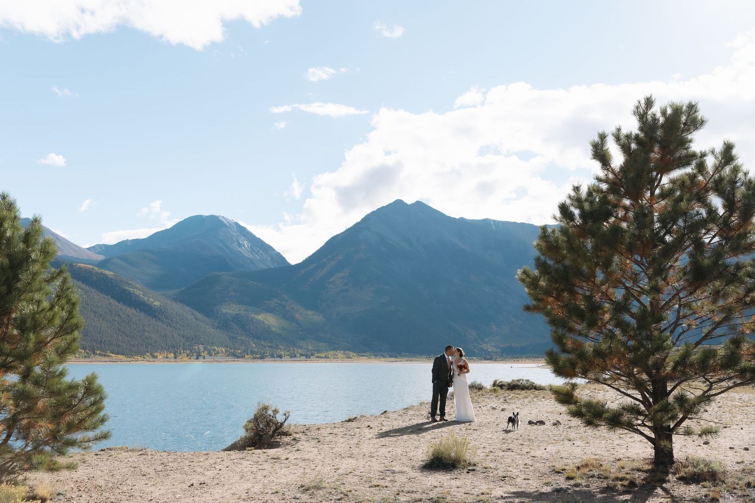 Bride and groom embracing near turquoise mountain lake under blue skies with pine trees nearby.