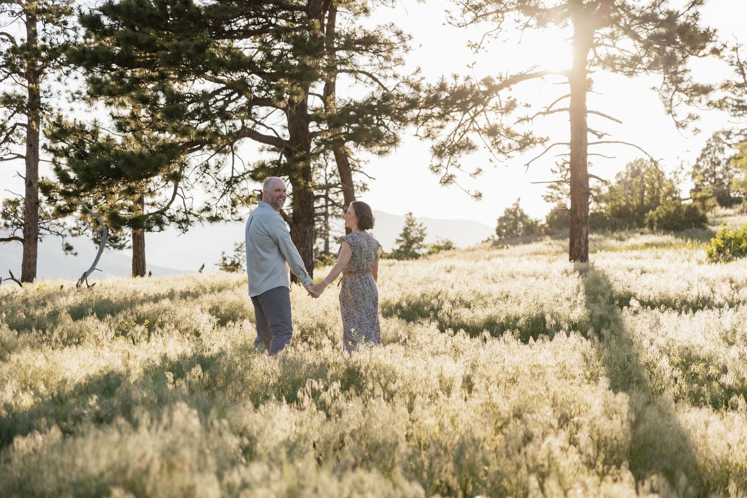 Couple holding hands in a sunlit meadow with tall grass and pine trees in Colorado.