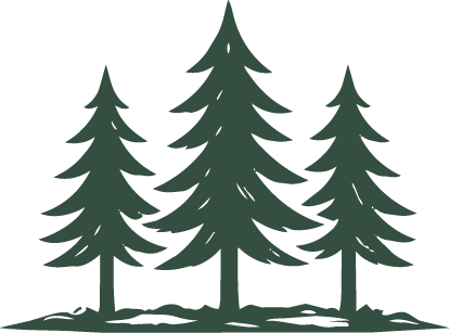 Dark green silhouette illustration of three pine trees on a white background.