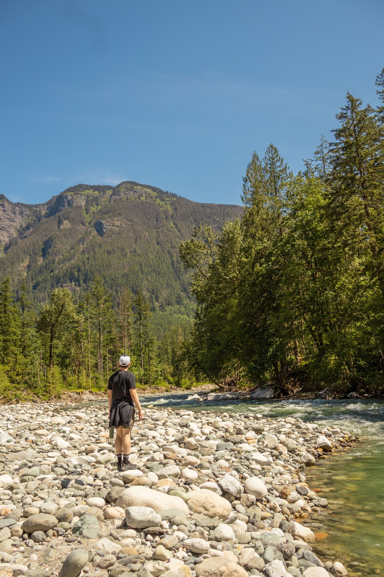 Hiker standing on rocky riverbank surrounded by lush green trees and mountains under a clear blue sky.