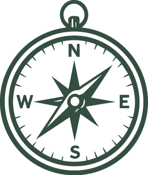 Dark green compass illustration showing cardinal directions on a white background.