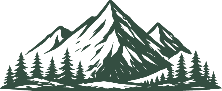 Dark green silhouette illustration of mountain peaks with pine trees on white background.