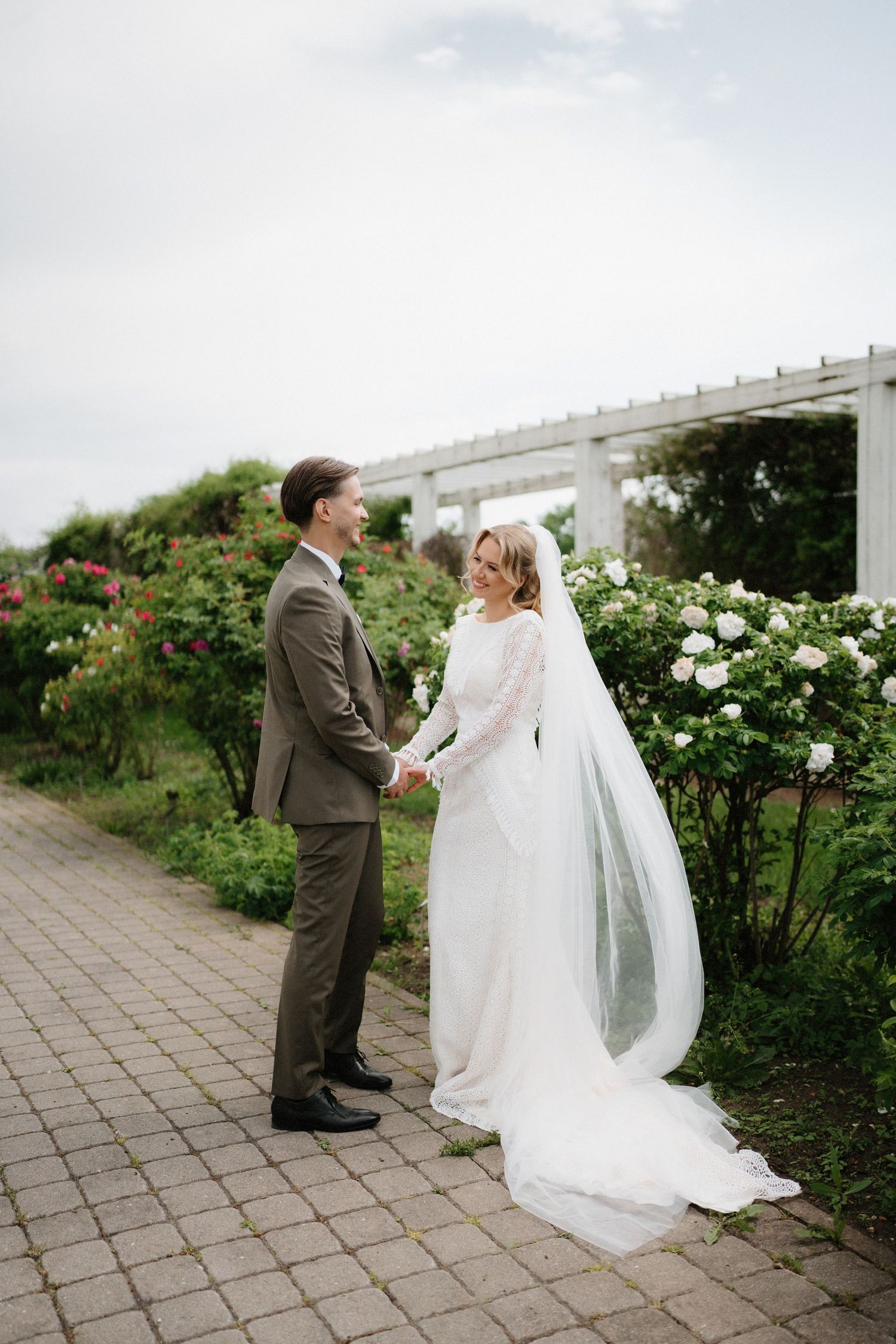 A wedding couple stands together on a brick path surrounded by blooming rose bushes and a white pergola.