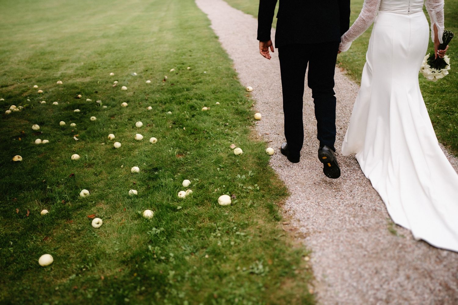 Couple walking down a garden path with scattered rose petals.