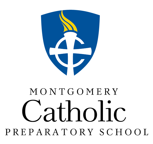 Montgomery Catholic Preparatory School logo featuring a blue shield with a Celtic cross and golden torch emblem.