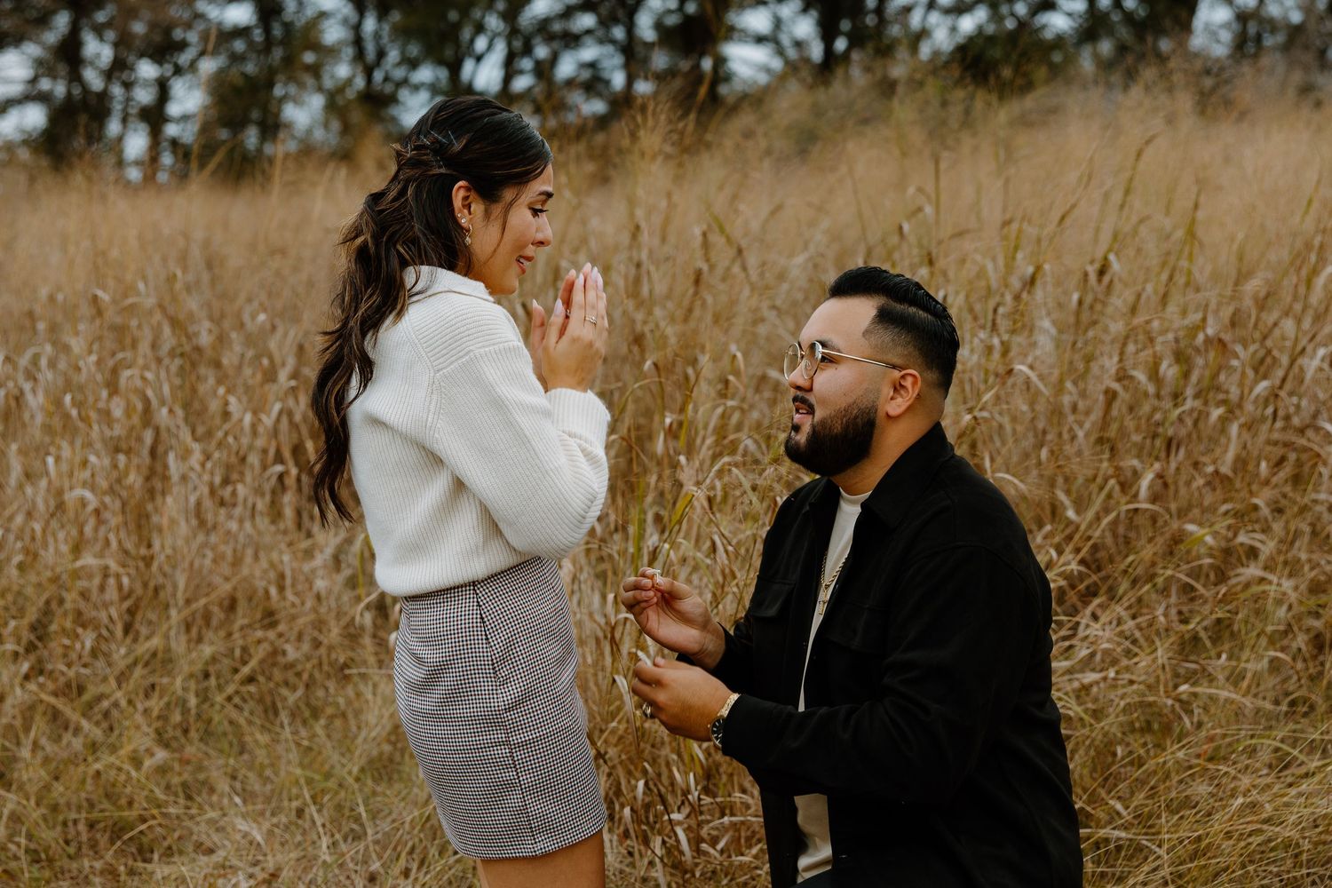 Surprise proposal moment in golden field at sunset.