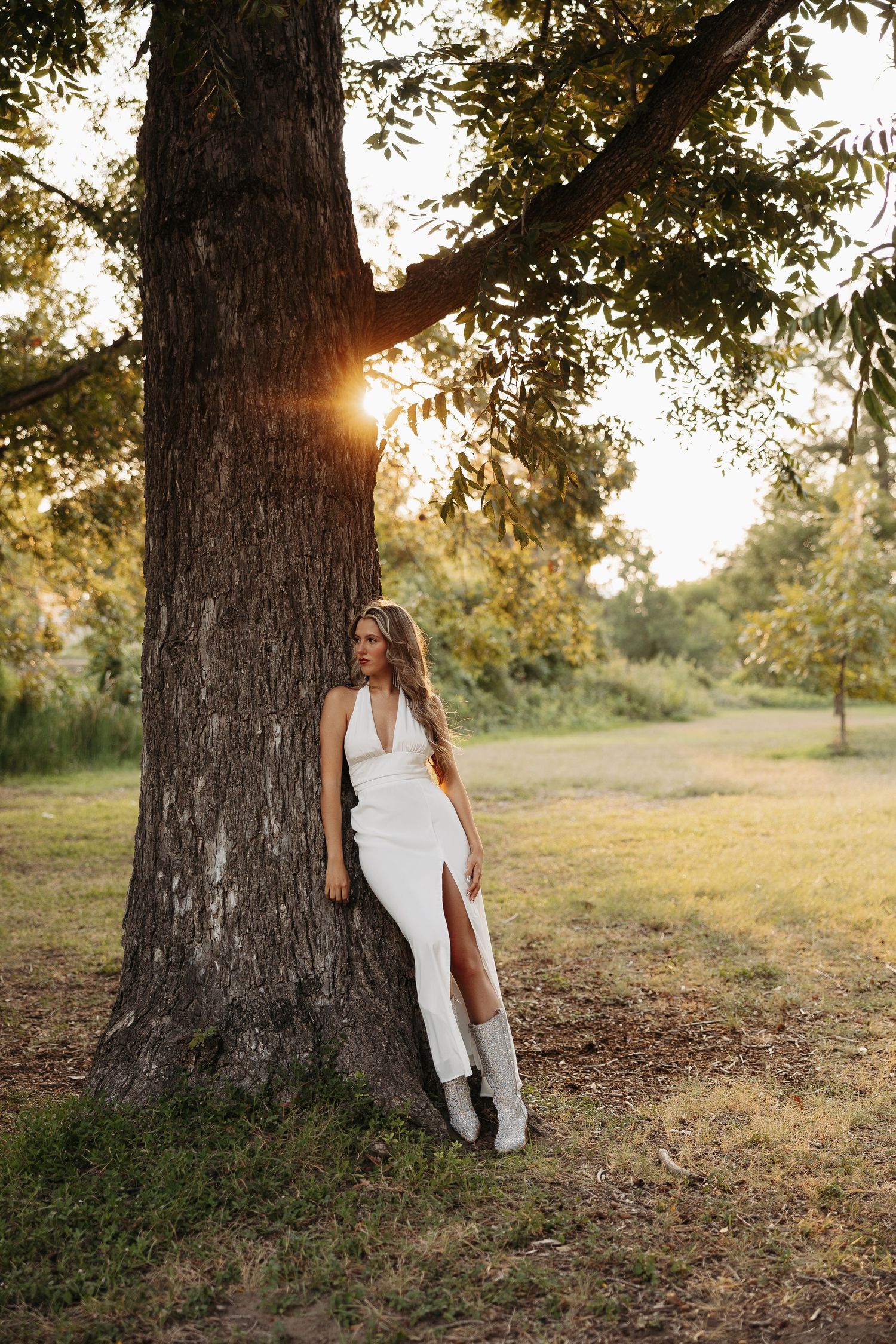 A person in a white dress sits against a large tree trunk at sunset in a grassy field.