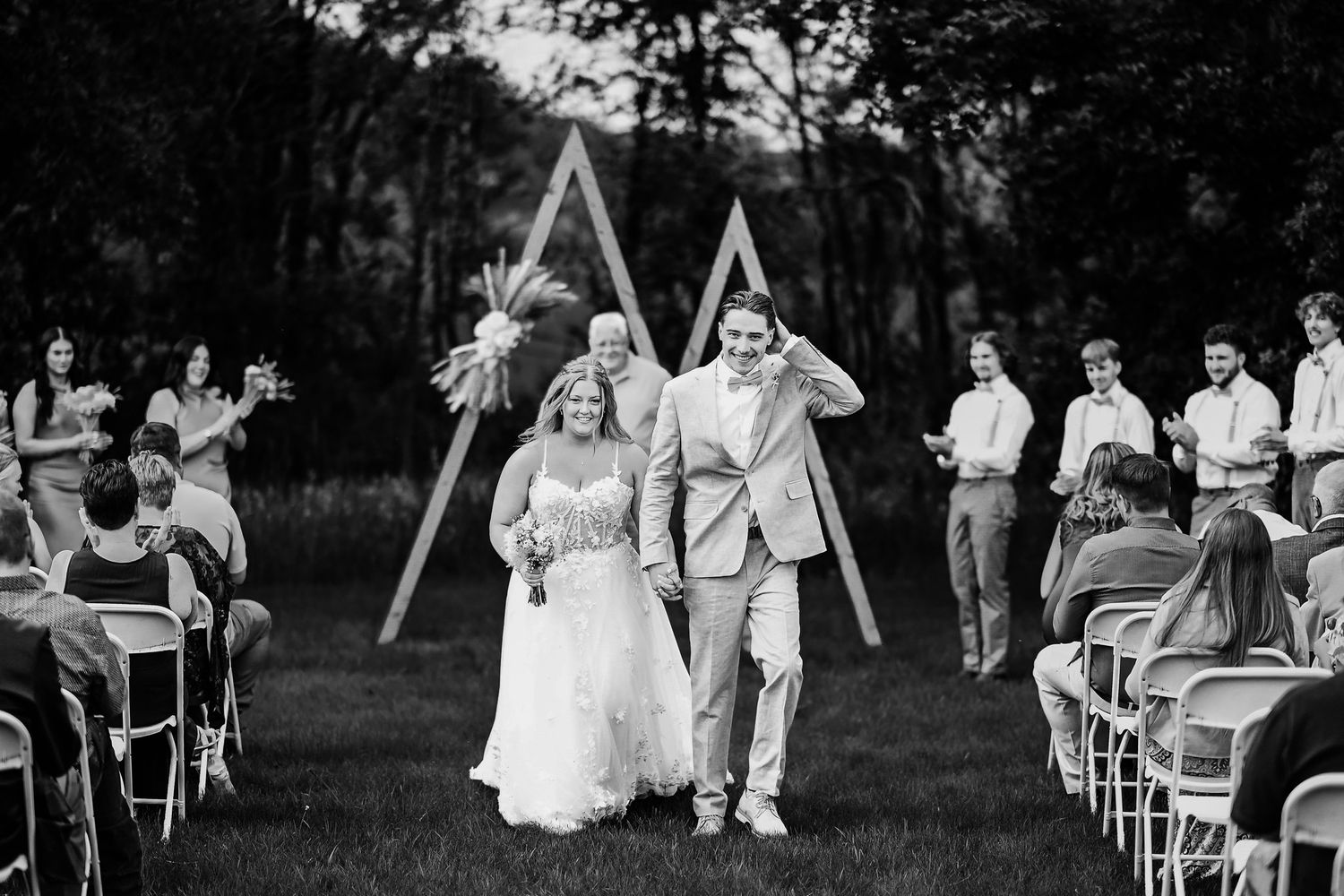 A series of vintage black and white photographs showing outdoor wedding ceremony scenes with guests seated in rows.